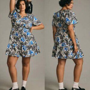 NWT Anthropologie Somerset Mini Dress in Marin Leaf Blue Black Print Size 3X